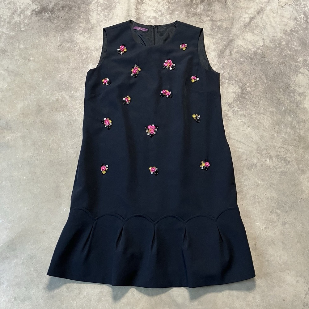 Jessica Dress Womens Size 4 Black Floral Embellished Sleeveless Ruffle Hem Shift